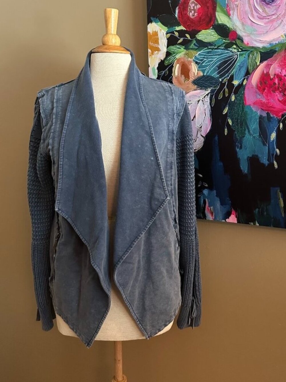 NorthStyle Washed Blue Waterfall Mixed Media Knit Jacket L